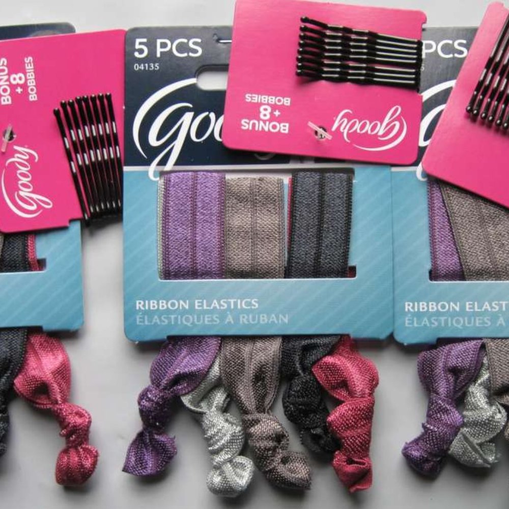 5 Goody Ouchless Ribbon Elastics Ponytailer Hair Bands Soft No Metal Tied Silver